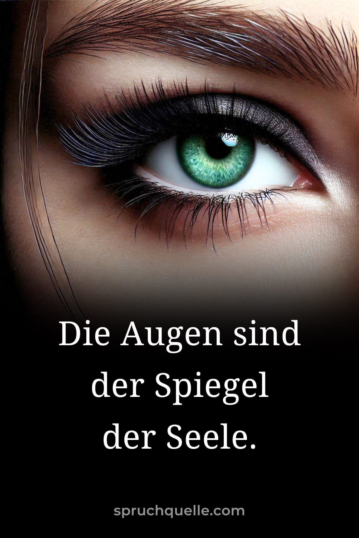 Die Augen sind der Spiegel der Seele. Nahaufnahme eines grünen Auges mit schwarzem Lidschatten. Darunter der Text: „Die Augen sind der Spiegel der Seele.“
