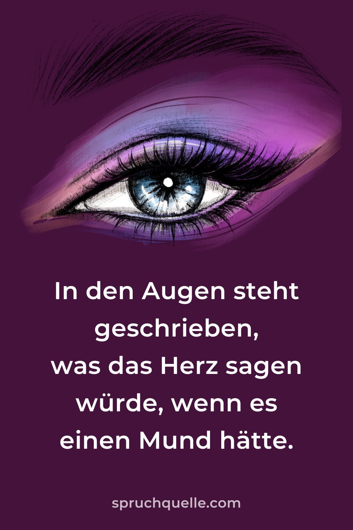 In den Augen steht geschrieben, was das Herz sagen würde, wenn es einen... Detailreich gezeichnetes Auge in einem künstlerischen Stil auf violettem Hintergrund