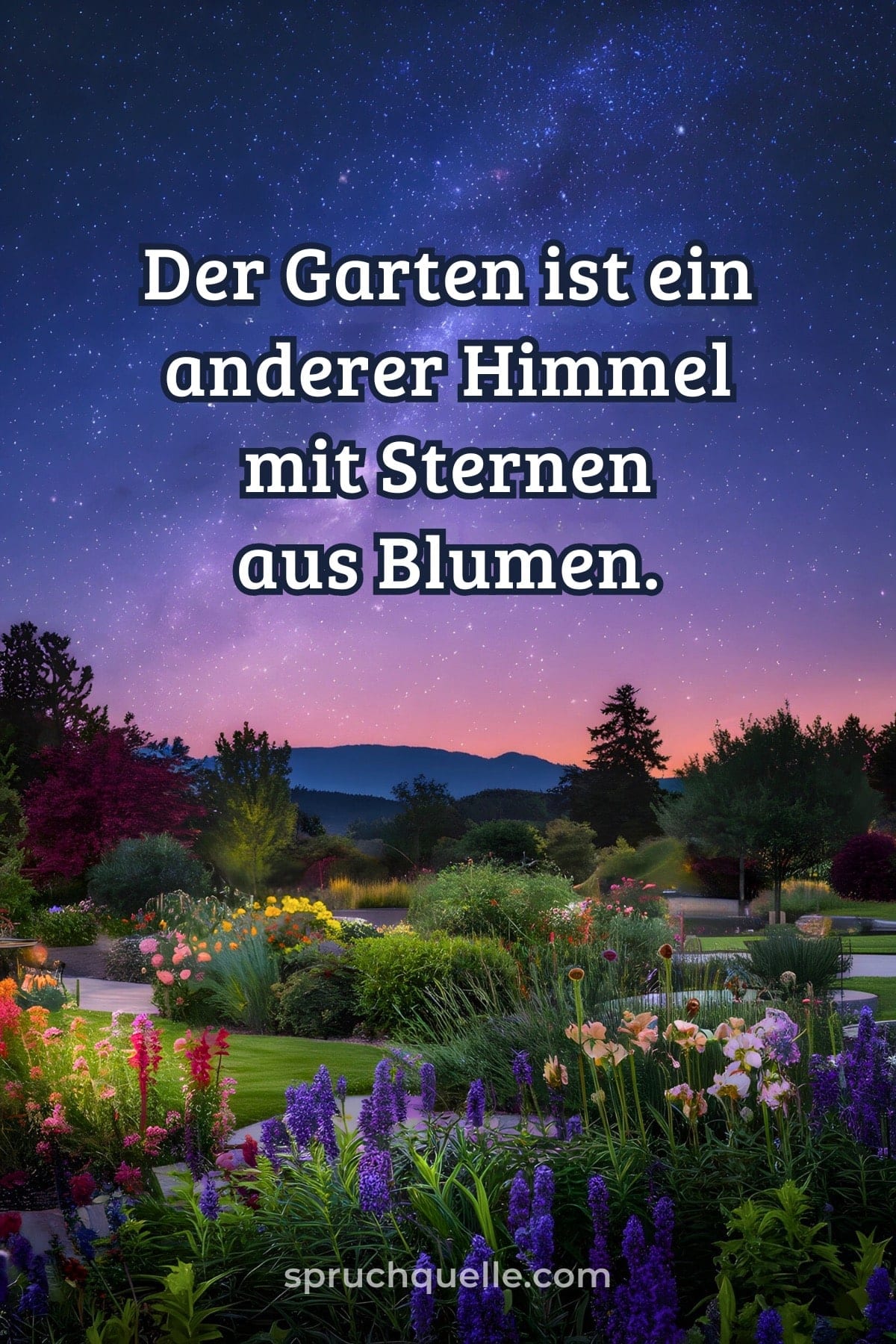 Der Garten ist ein anderer Himmel mit Sternen aus Blumen. Sternenhimmel über einem blühenden Garten bei Sonnenuntergang