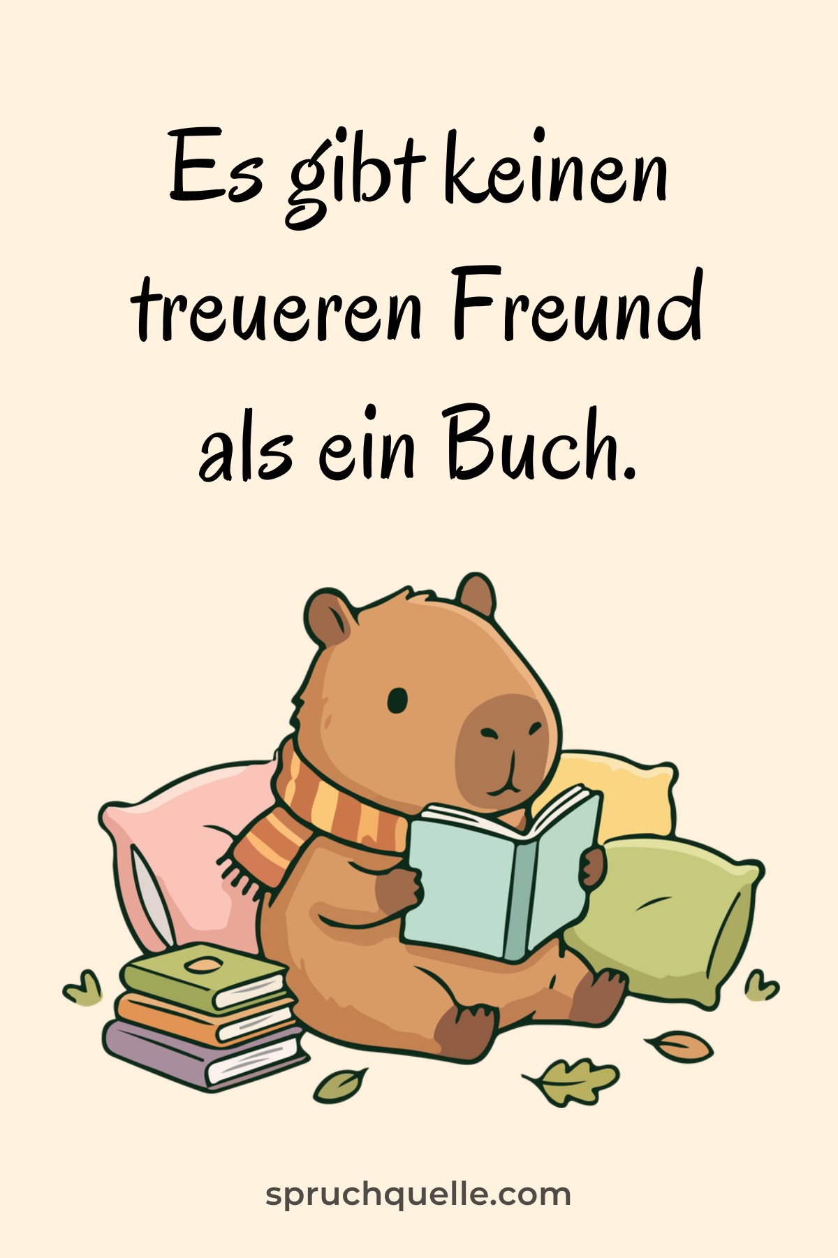 Spruch: „Es gibt keinen treueren Freund als ein Buch.“ Dazu ein Capybara mit Schal, lesend auf Kissen