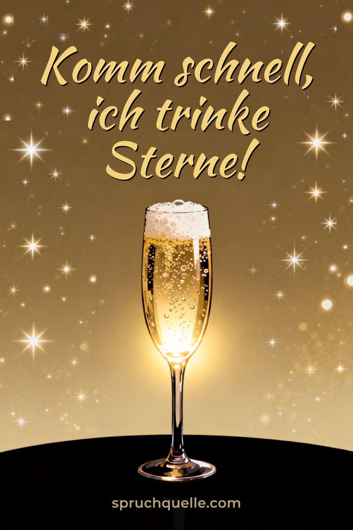 Glitzernder Sternenhintergrund mit Sektglas und Spruch: „Komm schnell, ich trinke Sterne!“