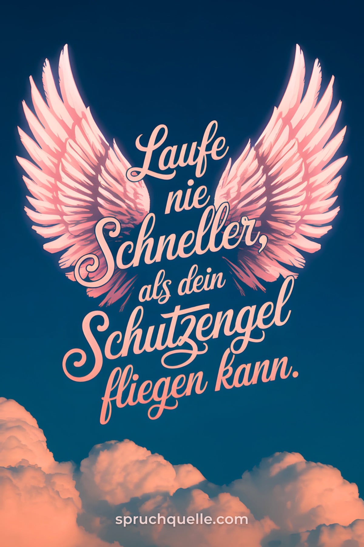 Laufe nie schneller, als dein Schutzengel fliegen kann. Leuchtend rosa Flügel und motivierender Spruch vor wolkenbedecktem Himmel