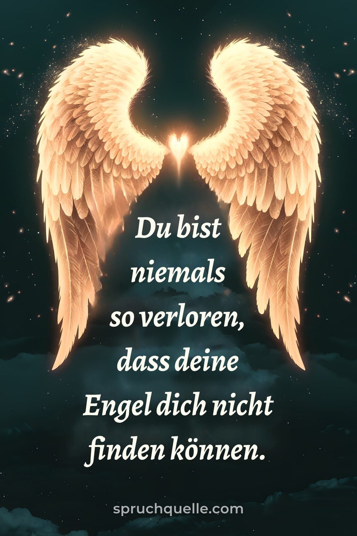 Du bist niemals so verloren, dass deine Engel dich nicht finden können. Goldene Engelsflügel leuchten im Dunkeln. Text: Du bist niemals so verloren, dass deine Engel dich nicht finden können.