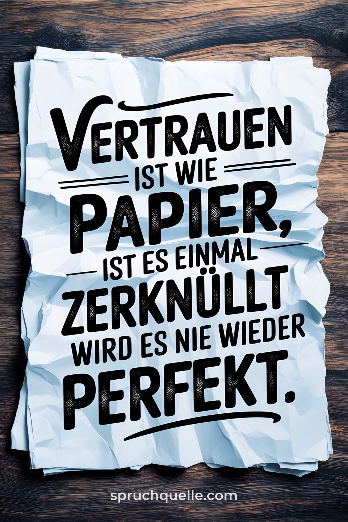 Vertrauen ist wie Papier, ist es einmal zerknüllt wird es nie wieder... Zerknülltes weißes Papier mit Text über Vertrauen auf Holzuntergrund