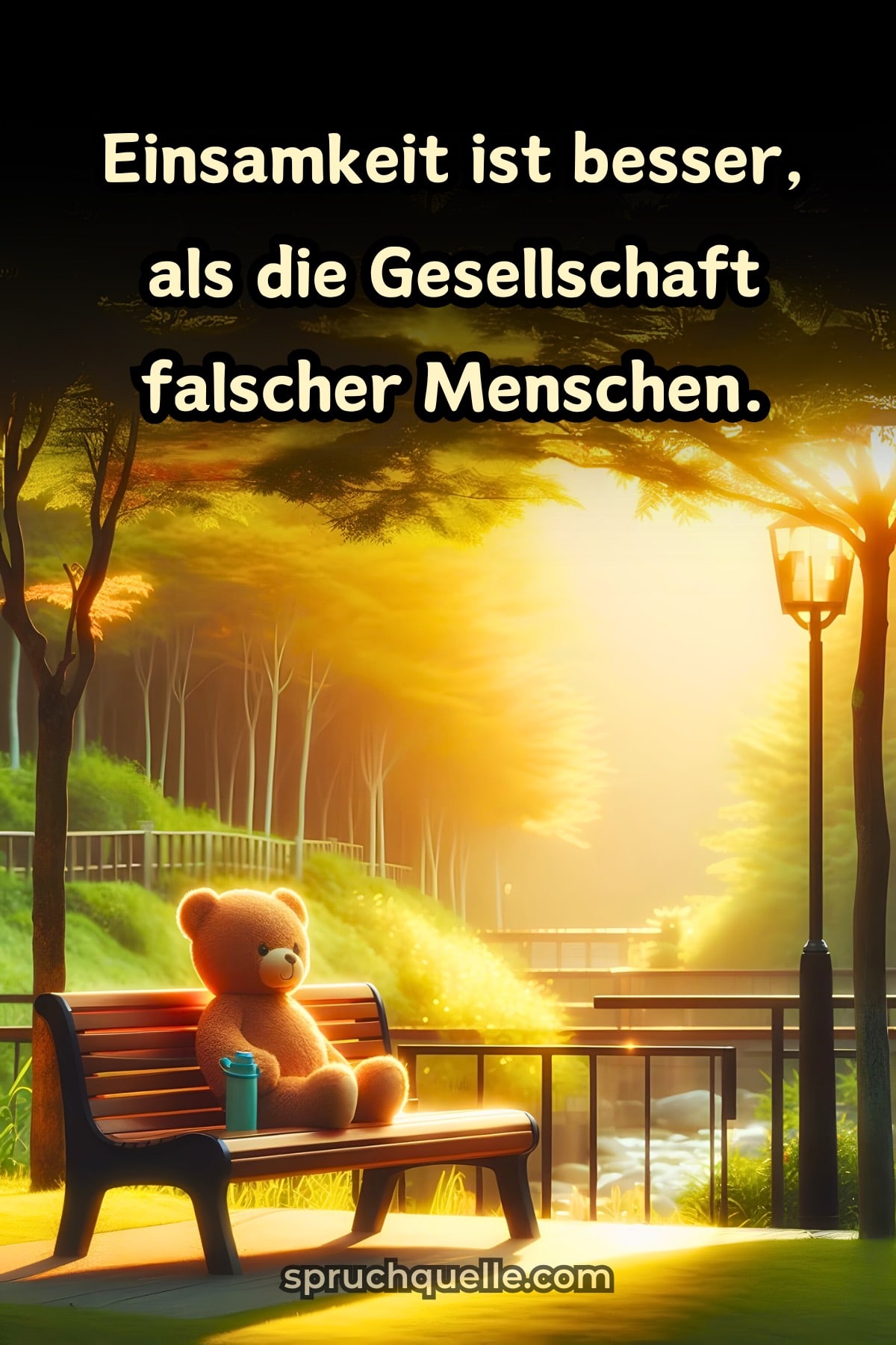 Einsamkeit ist besser, als die Gesellschaft falscher Menschen. Teddybär sitzt allein auf einer Bank im Sonnenuntergang