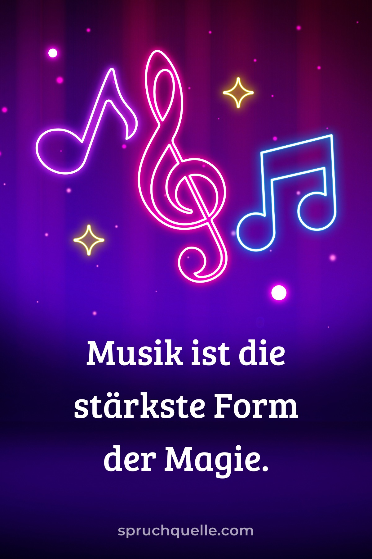 Marilyn Manson Leuchtende Neonmusiknoten und Sterne auf dunklem Hintergrund, Text: „Musik ist die stärkste Form der Magie.“