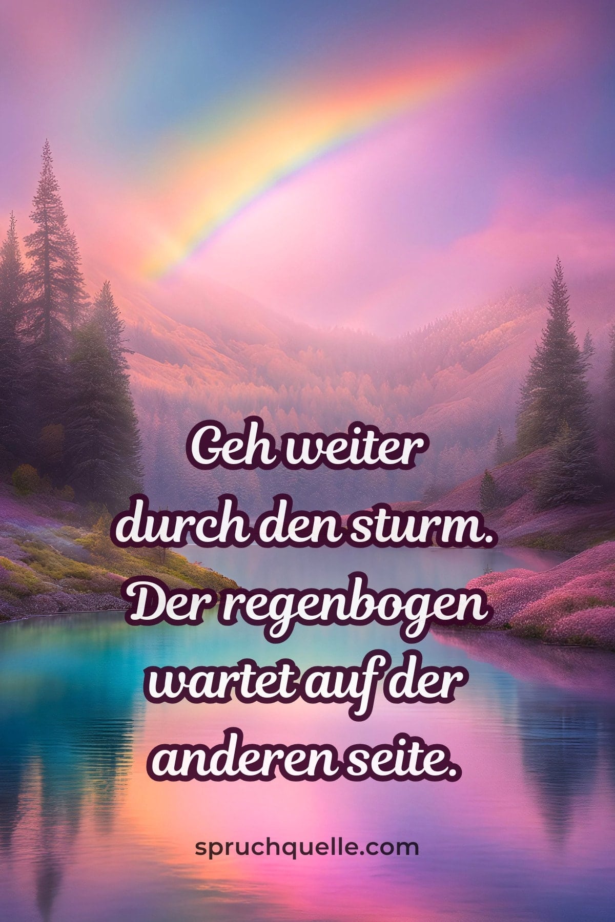 Heather Stillufsen Ein Regenbogen über einem malerischen, nebelverhangenen Tal mit bunten Bäumen und einem ruhigen See