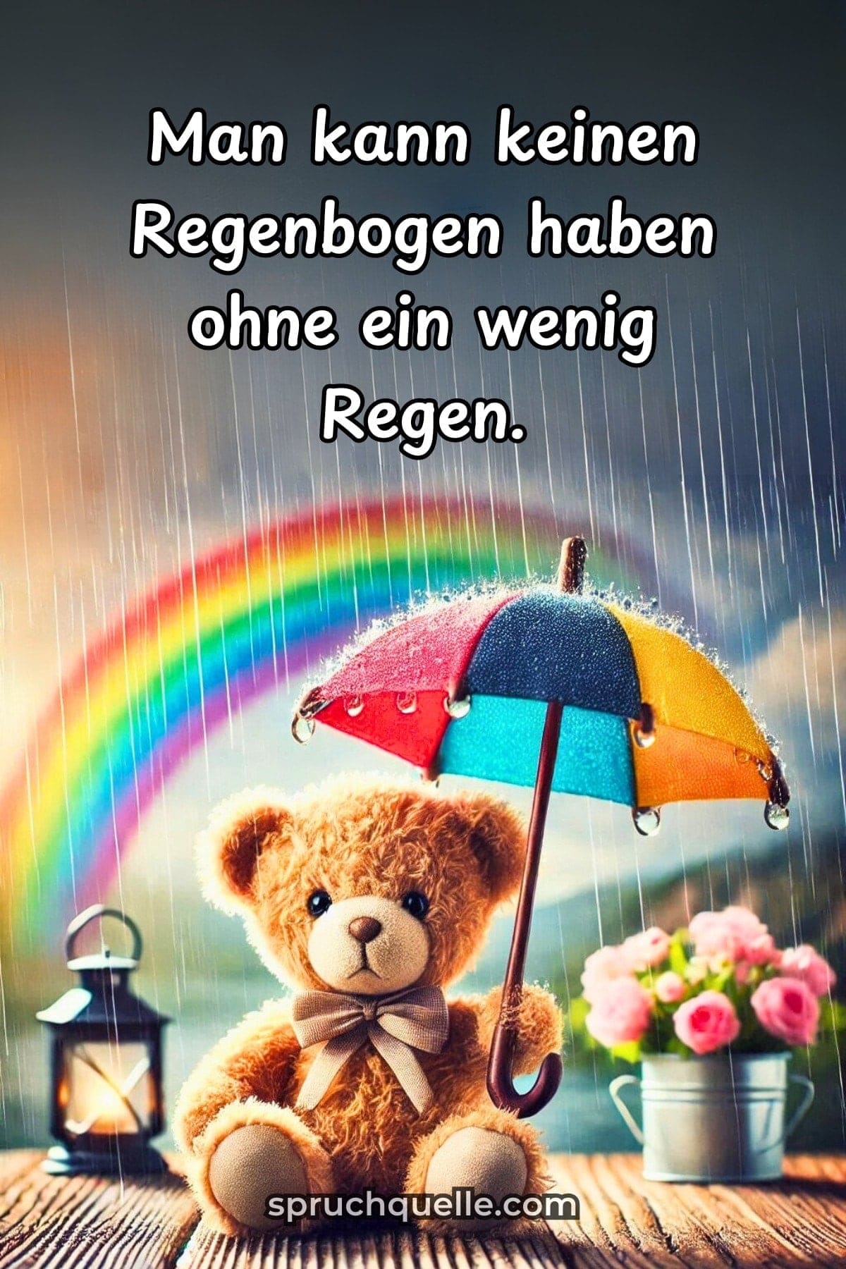 Man kann keinen Regenbogen haben ohne ein wenig Regen. Teddybär unter einem bunten Regenschirm im Regen, mit Regenbogen und Blumen