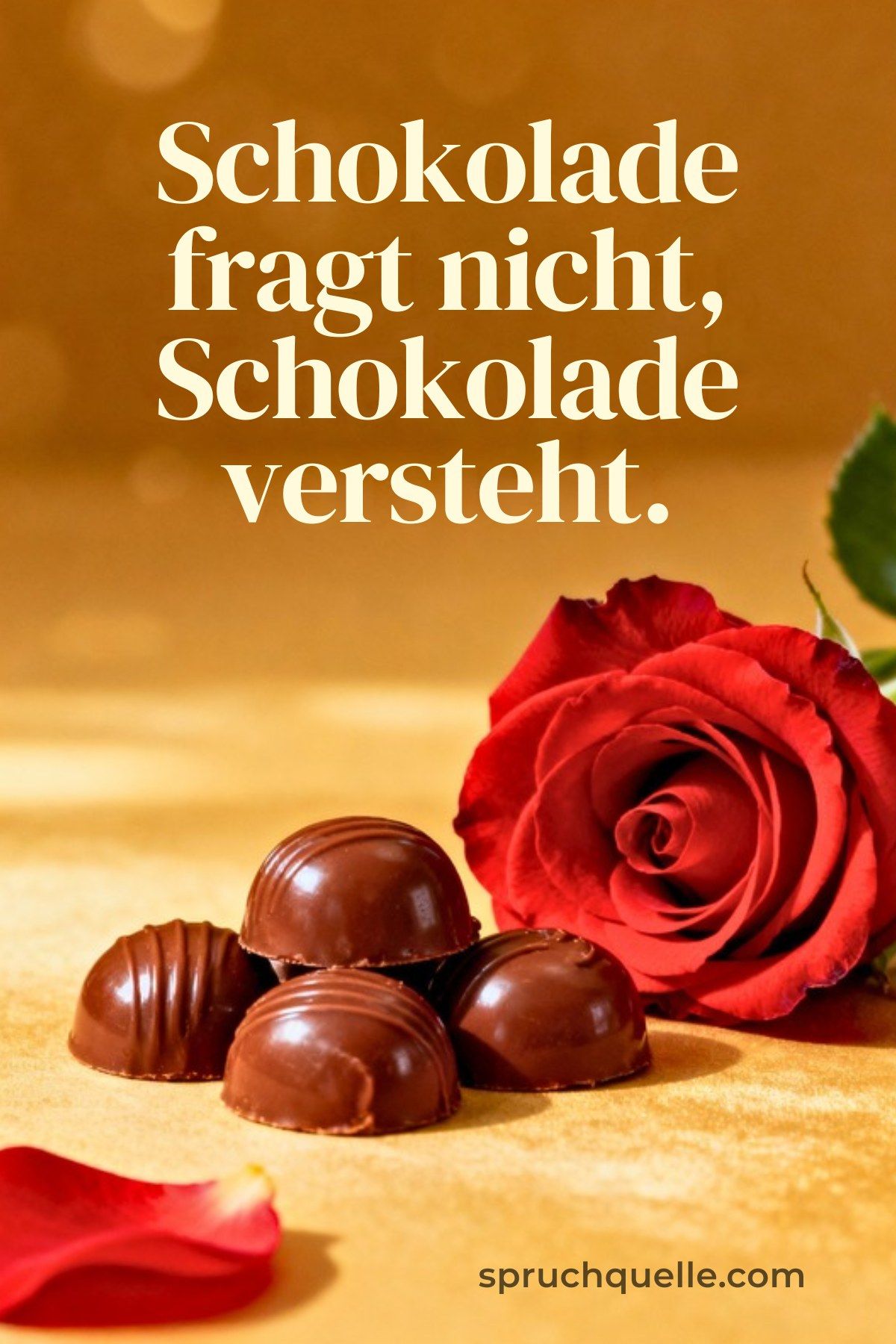 Spruch „Schokolade fragt nicht, Schokolade versteht.“ mit Pralinen und roter Rose auf warmem Hintergrund