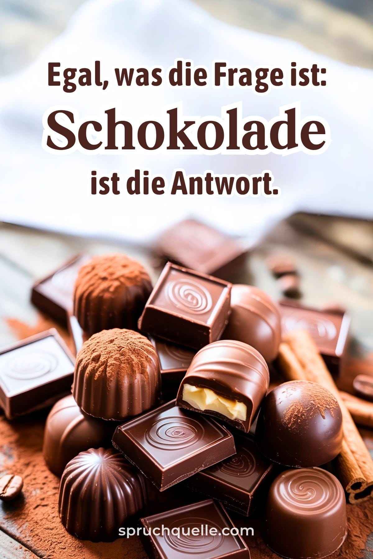 Spruch über Schokolade als Antwort auf alles, dazu Pralinen und Schokostücke auf Kakaopulver