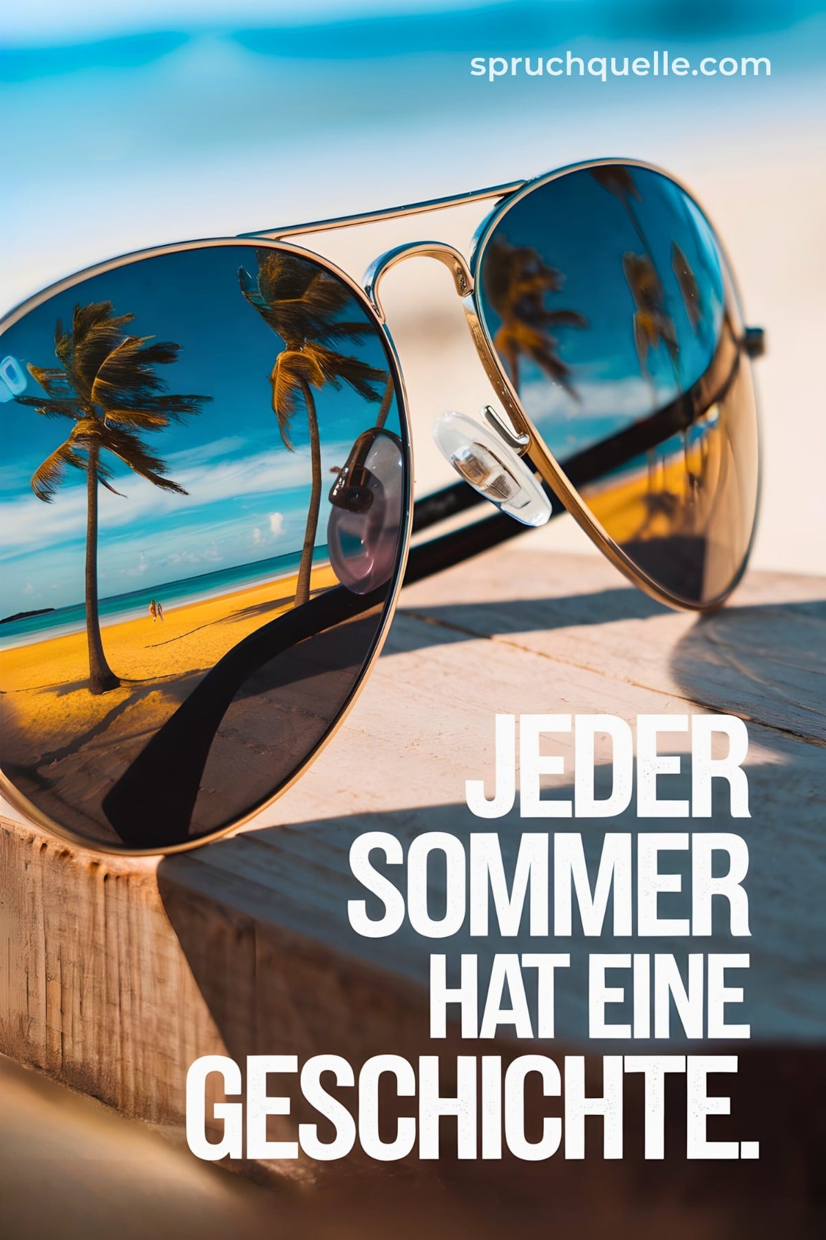 Jeder Sommer hat eine Geschichte. Sonnenbrille spiegelt Palmen und Strand, Text „Jeder Sommer hat eine Geschichte“