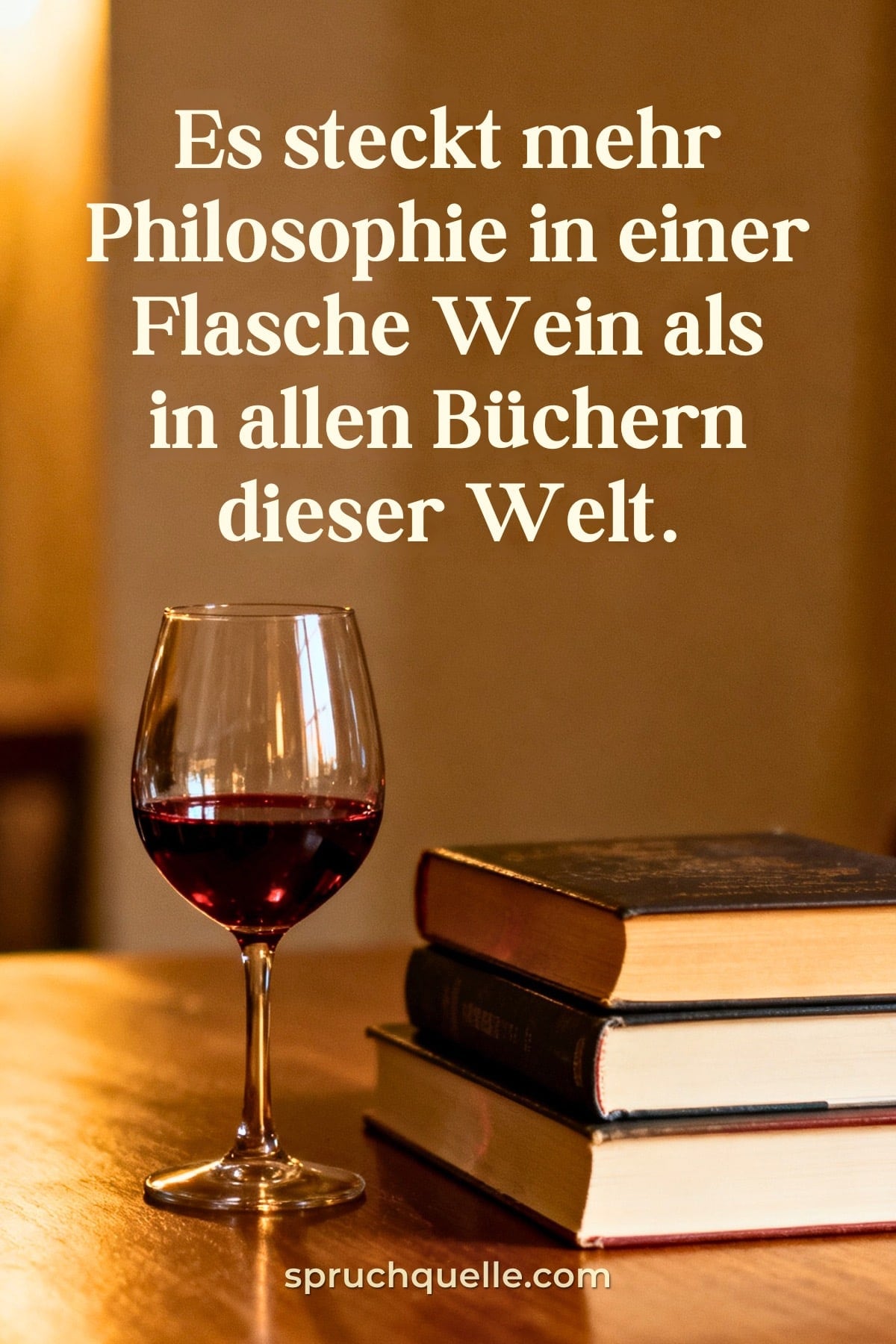 Weinglas neben Bücherstapel, dazu Spruch: „Mehr Philosophie in einer Flasche Wein als in allen Büchern.“