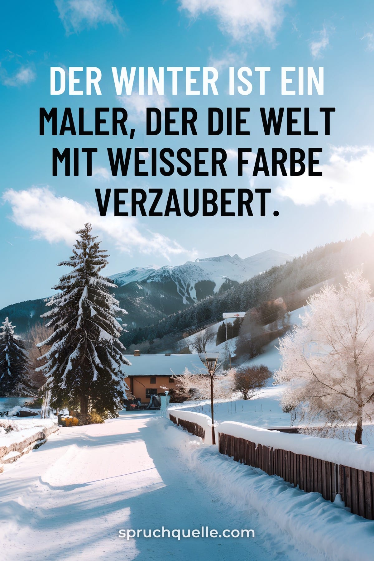 Der Winter ist ein Maler, der die Welt mit weißer Farbe verzaubert. Winterlandschaft mit verschneiten Bäumen und einem klaren blauen Himmel