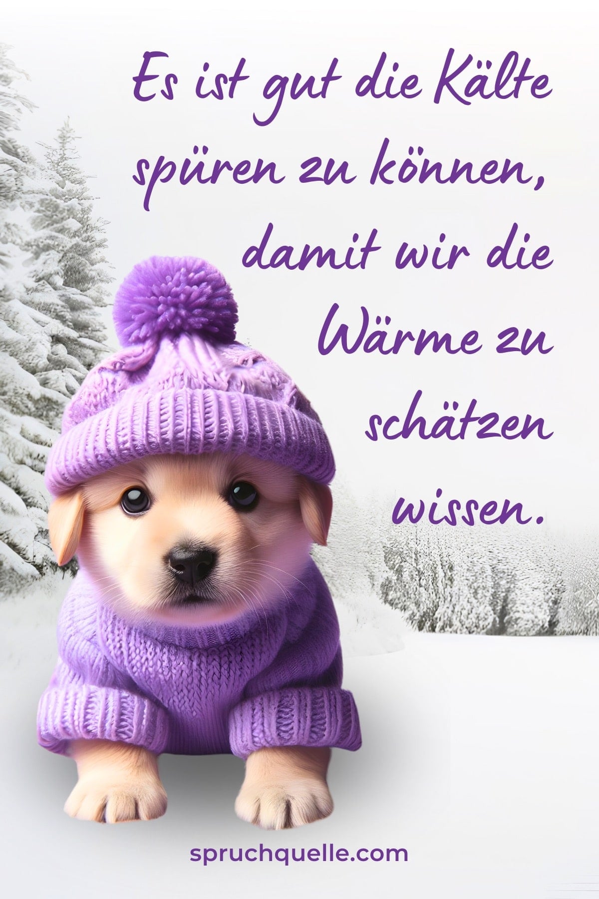 Friedreicke Weichselbaumer Ein Welpe in einem lila Pullover und Mütze vor einer verschneiten Landschaft